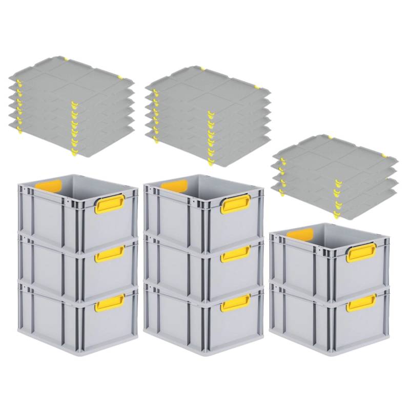 PROREGAL Spar Set 8x Eurobox Nextgen Color Mit Auflagedeckel & Schiebeschnappverschlüsse HxBxT 22 x 30 x 40 cm Griffe Gelb Geschlossen Glatter Boden von PROREGAL