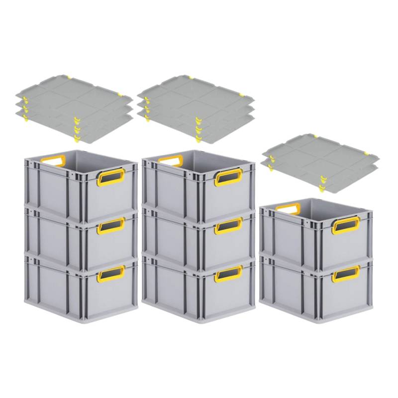 PROREGAL Spar Set 8x Eurobox Nextgen Color Mit Auflagedeckel & Schiebeschnappverschlüsse HxBxT 22 x 30 x 40 cm Griffe Gelb Offen Glatter Boden von PROREGAL