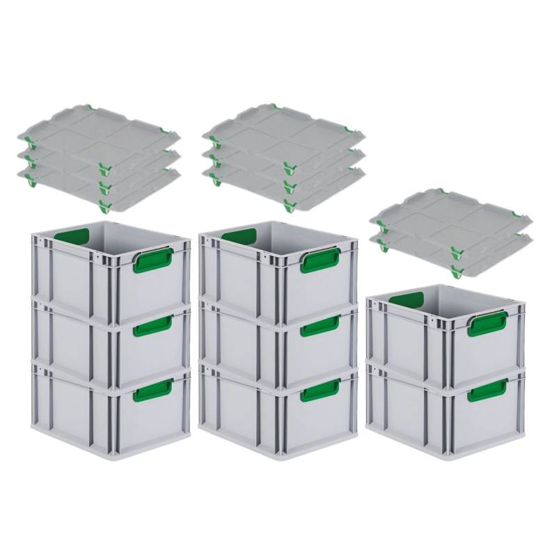 PROREGAL Spar Set 8x Eurobox Nextgen Color Mit Auflagedeckel & Schiebeschnappverschlüsse HxBxT 22 x 30 x 40 cm Griffe Grün Geschlossen Glatter Boden von PROREGAL