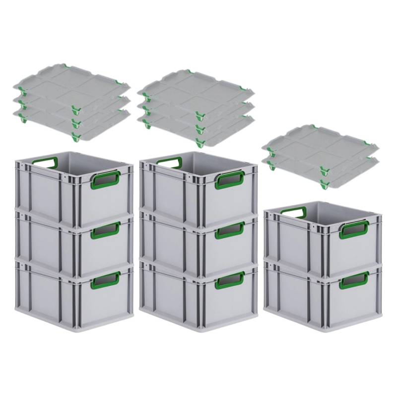 PROREGAL Spar Set 8x Eurobox Nextgen Color Mit Auflagedeckel & Schiebeschnappverschlüsse HxBxT 22 x 30 x 40 cm Griffe Grün Offen Glatter Boden von PROREGAL
