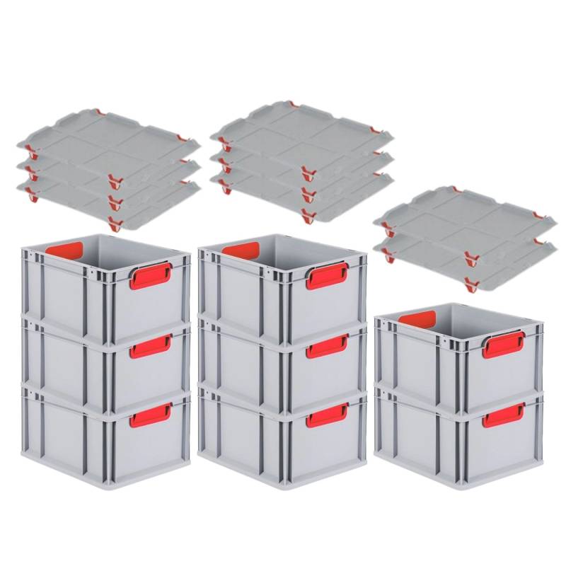 PROREGAL Spar Set 8x Eurobox Nextgen Color Mit Auflagedeckel & Schiebeschnappverschlüsse HxBxT 22 x 30 x 40 cm Griffe Rot Geschlossen Glatter Boden von PROREGAL