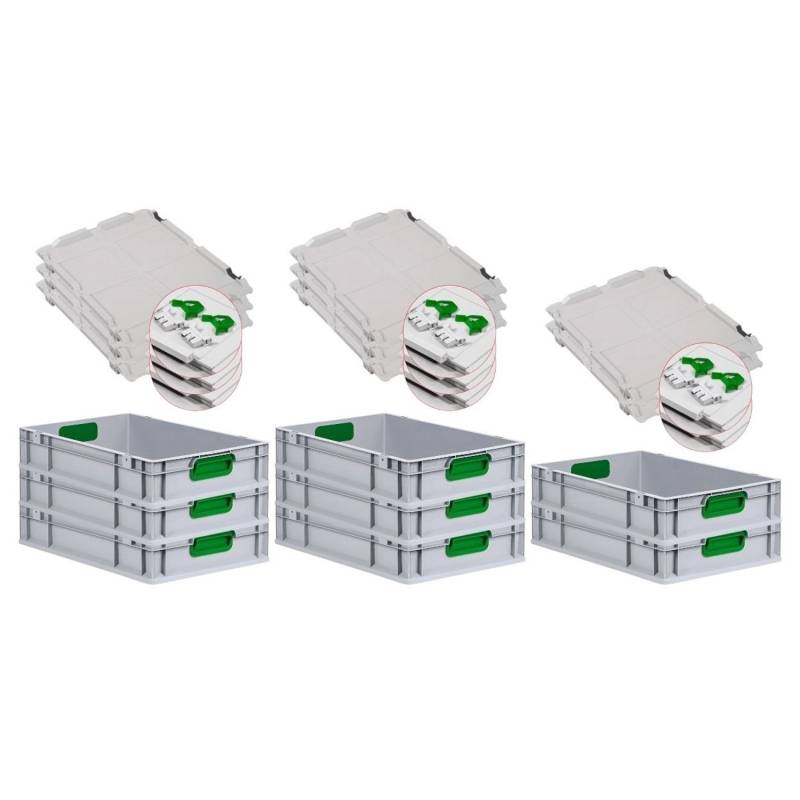 PROREGAL Spar Set 8x Eurobox Nextgen Color Mit Scharnierdeckel & Schiebeschnappverschlüsse HxBxT 12 x 40 x 60 cm Griffe Grün Geschlossen Glatter Boden von PROREGAL