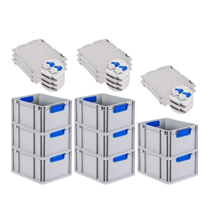 PROREGAL Spar Set 8x Eurobox Nextgen Color Mit Scharnierdeckel & Schiebeschnappverschlüsse HxBxT 22 x 30 x 40 cm Griffe Blau Geschlossen Glatter Boden von PROREGAL