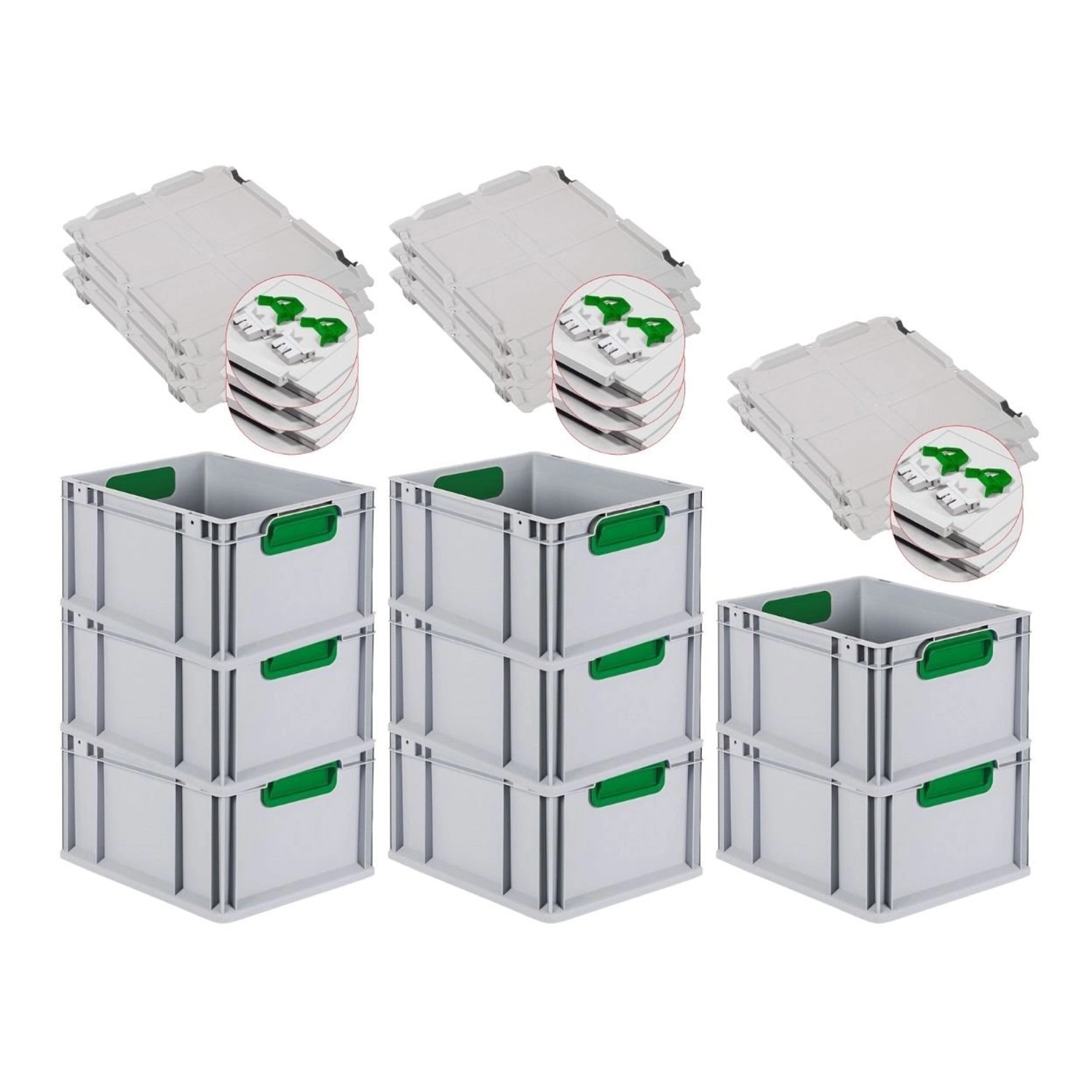 PROREGAL Spar Set 8x Eurobox Nextgen Color Mit Scharnierdeckel & Schiebeschnappverschlüsse HxBxT 22 x 30 x 40 cm Griffe Grün Geschlossen Glatter Boden von PROREGAL
