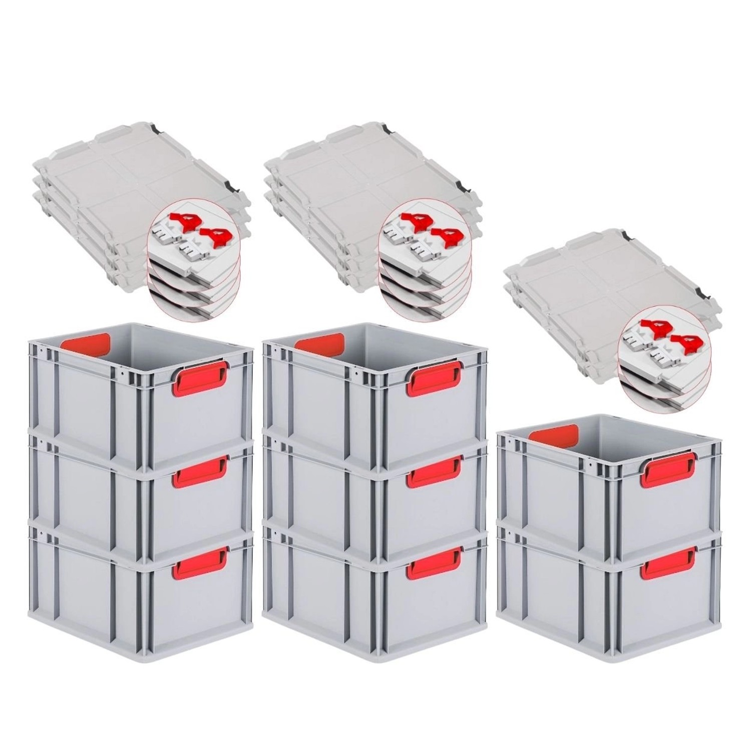 PROREGAL Spar Set 8x Eurobox Nextgen Color Mit Scharnierdeckel & Schiebeschnappverschlüsse HxBxT 22 x 30 x 40 cm Griffe Rot Geschlossen Glatter Boden von PROREGAL