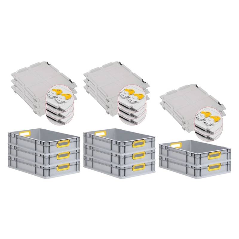 PROREGAL Spar Set 8x Eurobox Nextgen Color Mit Scharnierdeckel & Schiebeschnappverschlüssen HxBxT 12 x 40 x 60 cm Griffe Gelb Offen Glatter Boden von PROREGAL