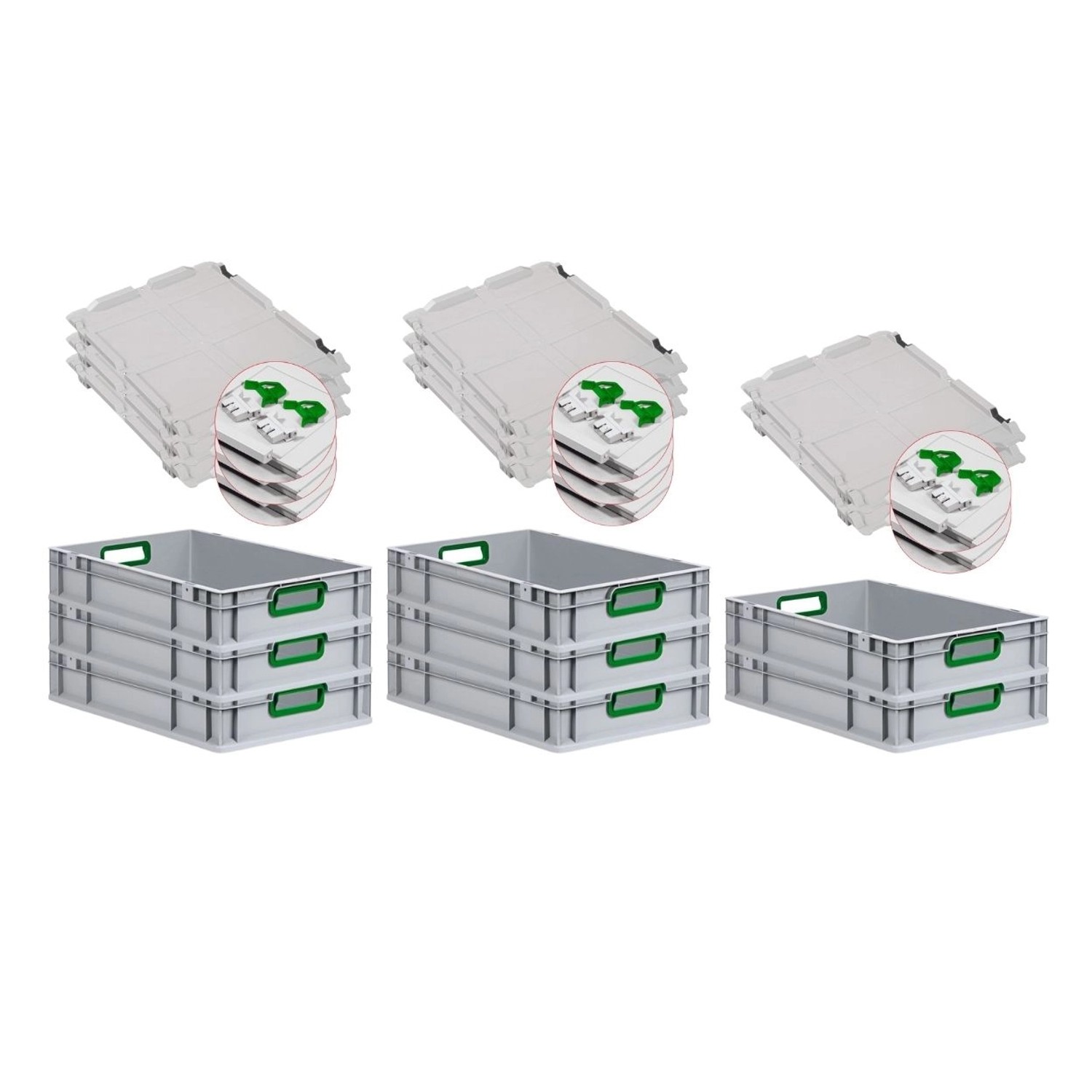 PROREGAL Spar Set 8x Eurobox Nextgen Color Mit Scharnierdeckel & Schiebeschnappverschlüssen HxBxT 12 x 40 x 60 cm Griffe Grün Offen Glatter Boden von PROREGAL