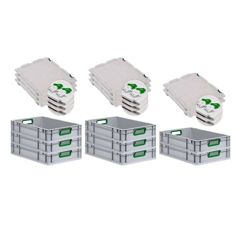 PROREGAL Spar Set 8x Eurobox Nextgen Color Mit Scharnierdeckel & Schiebeschnappverschlüssen HxBxT 12 x 40 x 60 cm Griffe Grün Offen Glatter Boden von PROREGAL