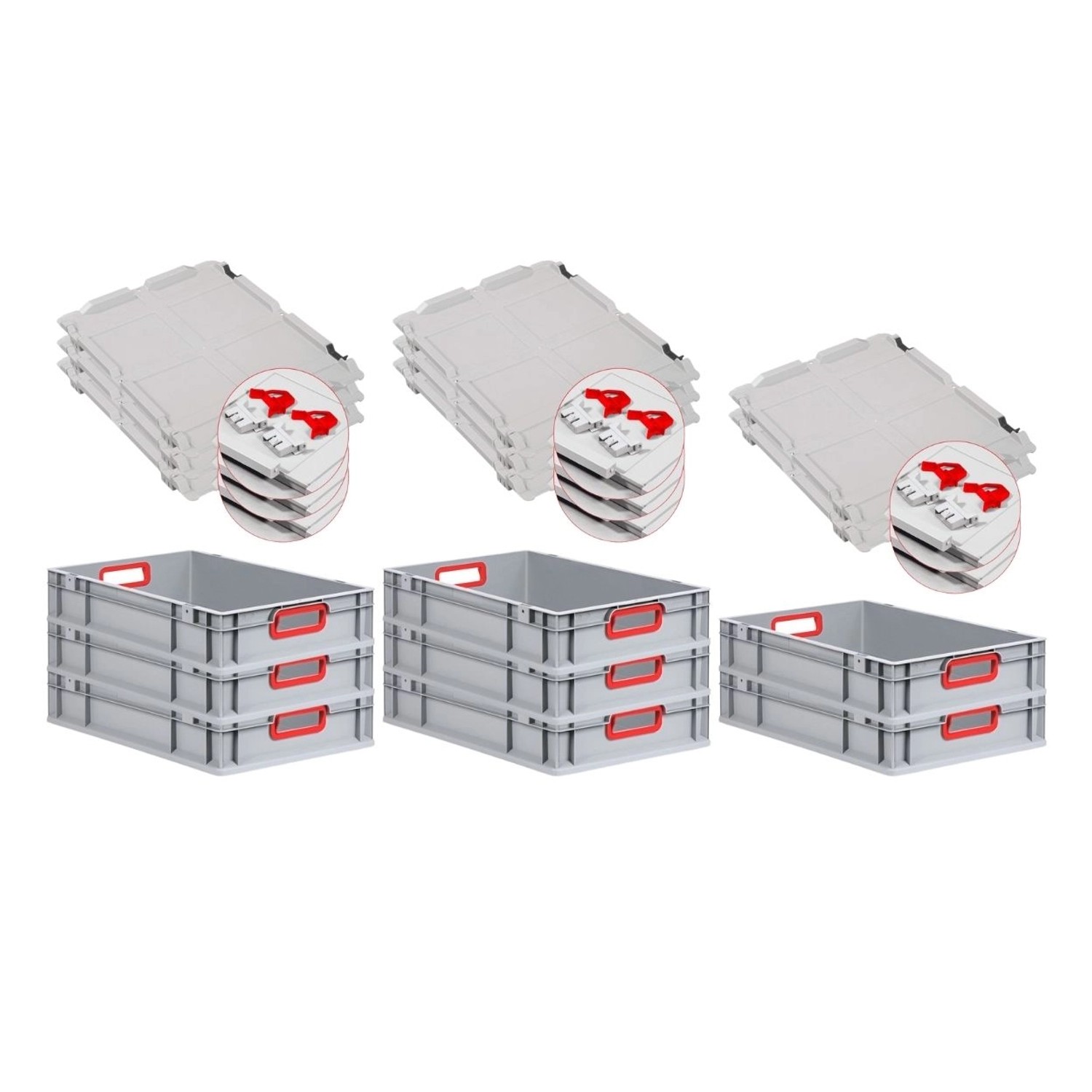 PROREGAL Spar Set 8x Eurobox Nextgen Color Mit Scharnierdeckel & Schiebeschnappverschlüssen HxBxT 12 x 40 x 60 cm Griffe Rot Offen Glatter Boden von PROREGAL