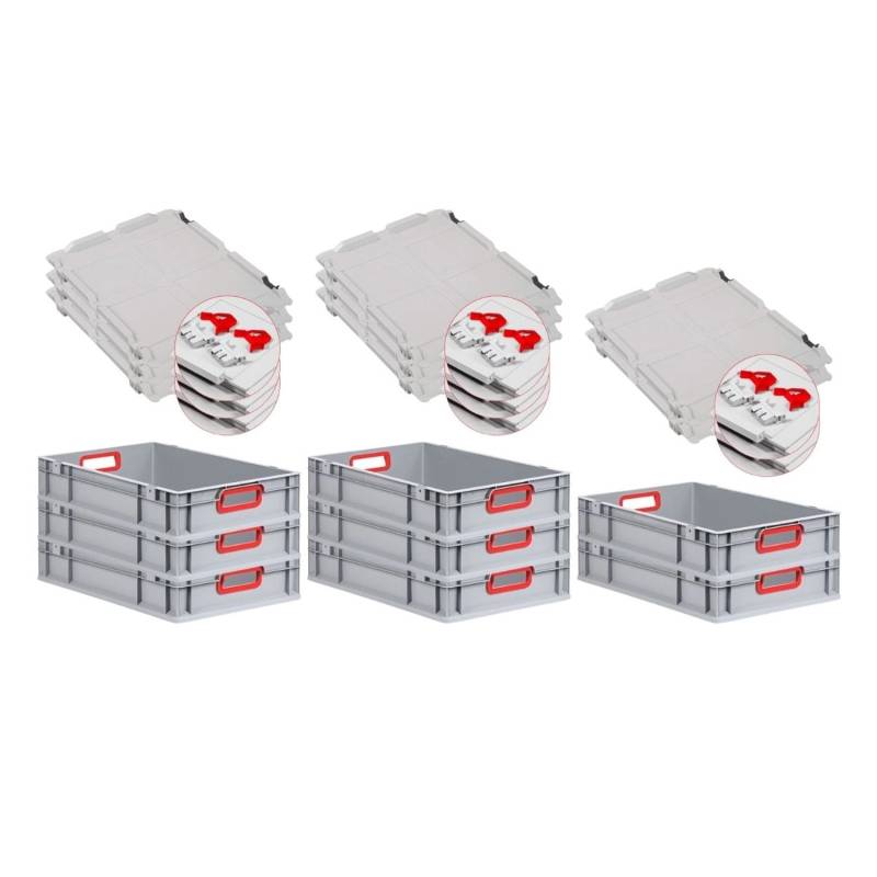 PROREGAL Spar Set 8x Eurobox Nextgen Color Mit Scharnierdeckel & Schiebeschnappverschlüssen HxBxT 12 x 40 x 60 cm Griffe Rot Offen Glatter Boden von PROREGAL