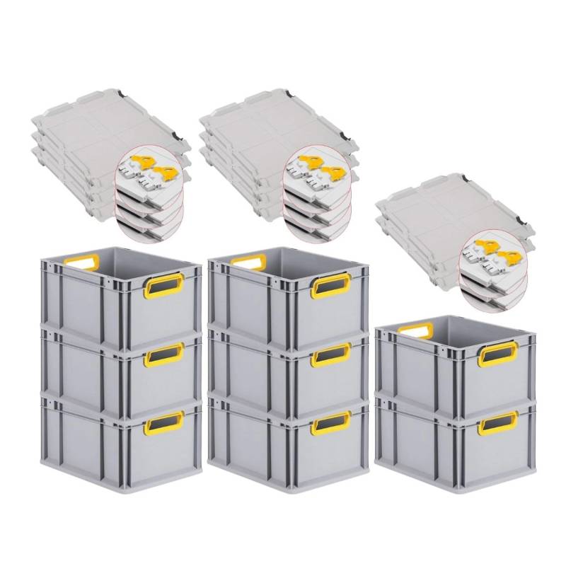 PROREGAL Spar Set 8x Eurobox Nextgen Color Mit Scharnierdeckel & Schiebeschnappverschlüssen HxBxT 22 x 30 x 40 cm Griffe Gelb Offen Glatter Boden von PROREGAL