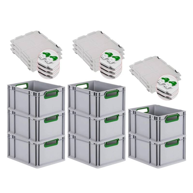 PROREGAL Spar Set 8x Eurobox Nextgen Color Mit Scharnierdeckel & Schiebeschnappverschlüssen HxBxT 22 x 30 x 40 cm Griffe Grün Offen Glatter Boden von PROREGAL