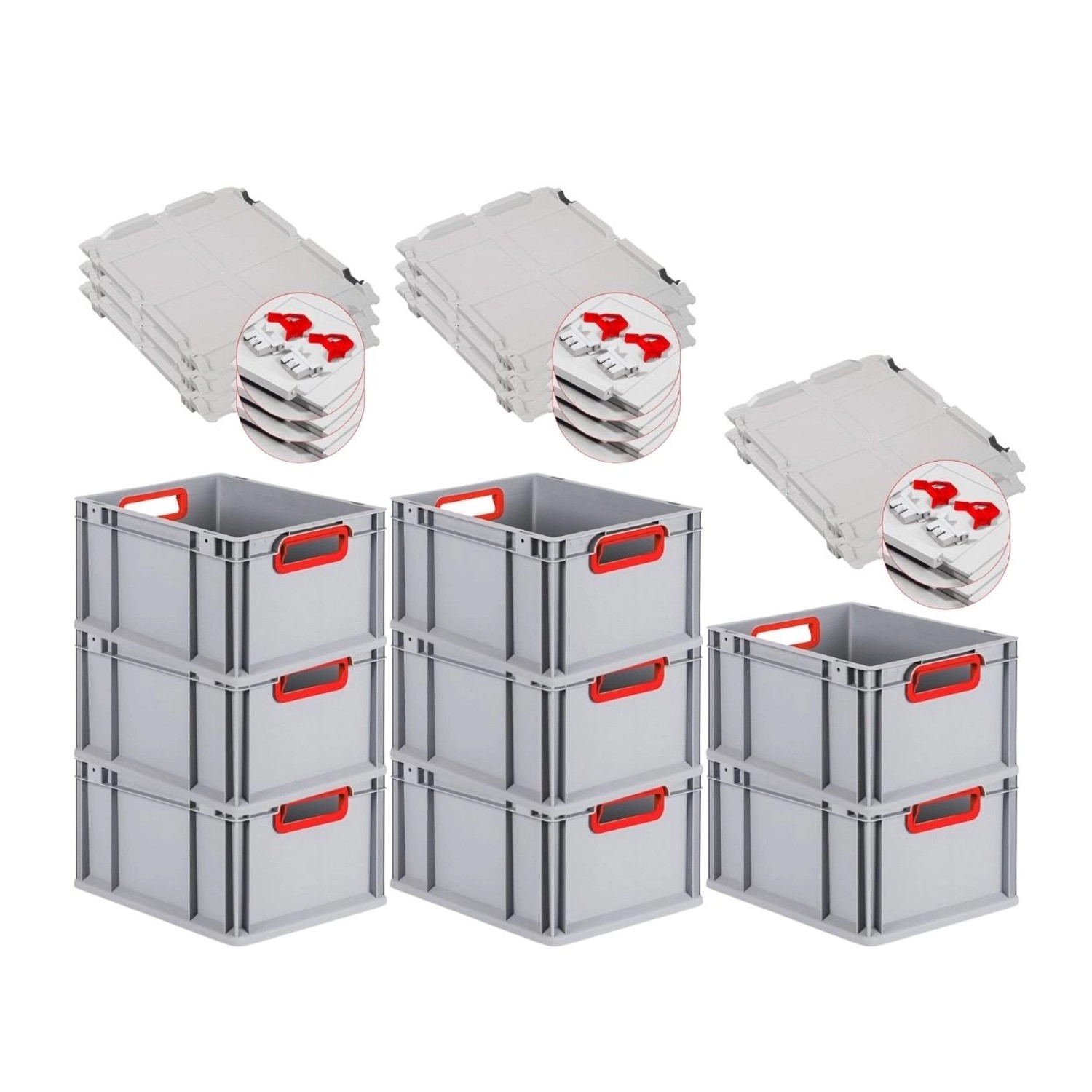PROREGAL Spar Set 8x Eurobox Nextgen Color Mit Scharnierdeckel & Schiebeschnappverschlüssen HxBxT 22 x 30 x 40 cm Griffe Rot Offen Glatter Boden von PROREGAL