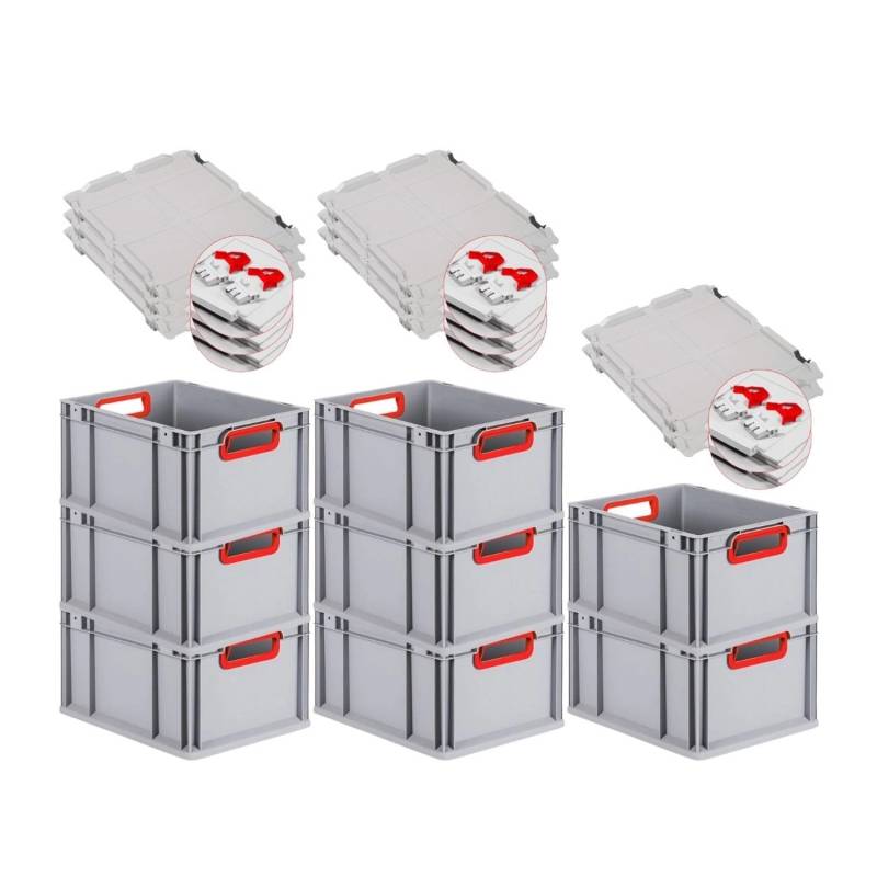 PROREGAL Spar Set 8x Eurobox Nextgen Color Mit Scharnierdeckel & Schiebeschnappverschlüssen HxBxT 22 x 30 x 40 cm Griffe Rot Offen Glatter Boden von PROREGAL