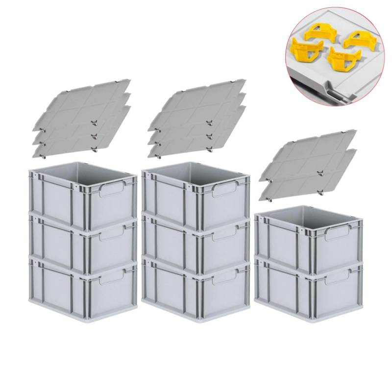PROREGAL Spar Set 8x Eurobox Nextgen Economy Mit Auflagedeckel & 4x Schiebeschnappverschlüsse Gelb Griffe Geschlossen HxBxT 22 x 30 x 40 cm 20 Liter von PROREGAL