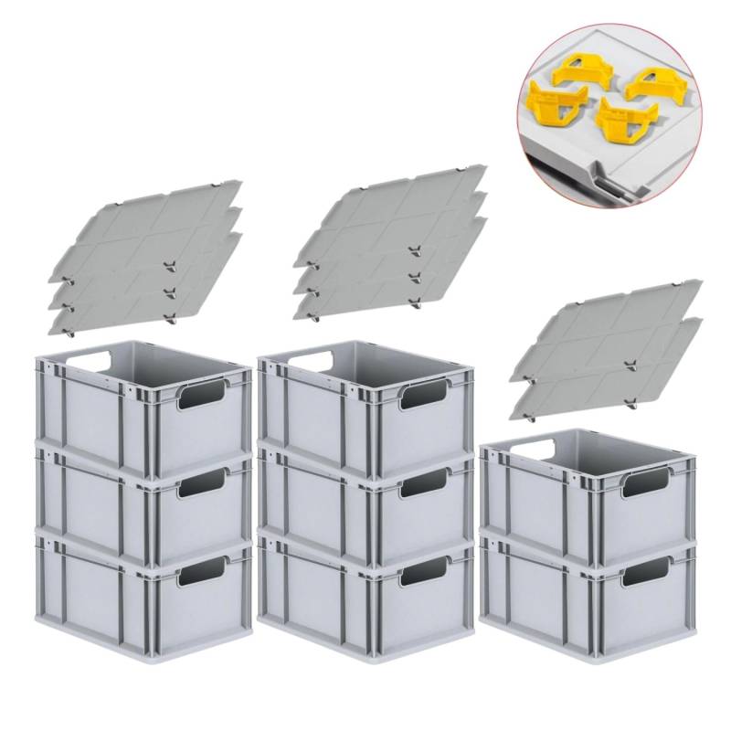 PROREGAL Spar Set 8x Eurobox Nextgen Economy Mit Auflagedeckel & 4x Schiebeschnappverschlüsse Gelb Griffe Offen HxBxT 22 x 30 x 40 cm 20 Liter von PROREGAL