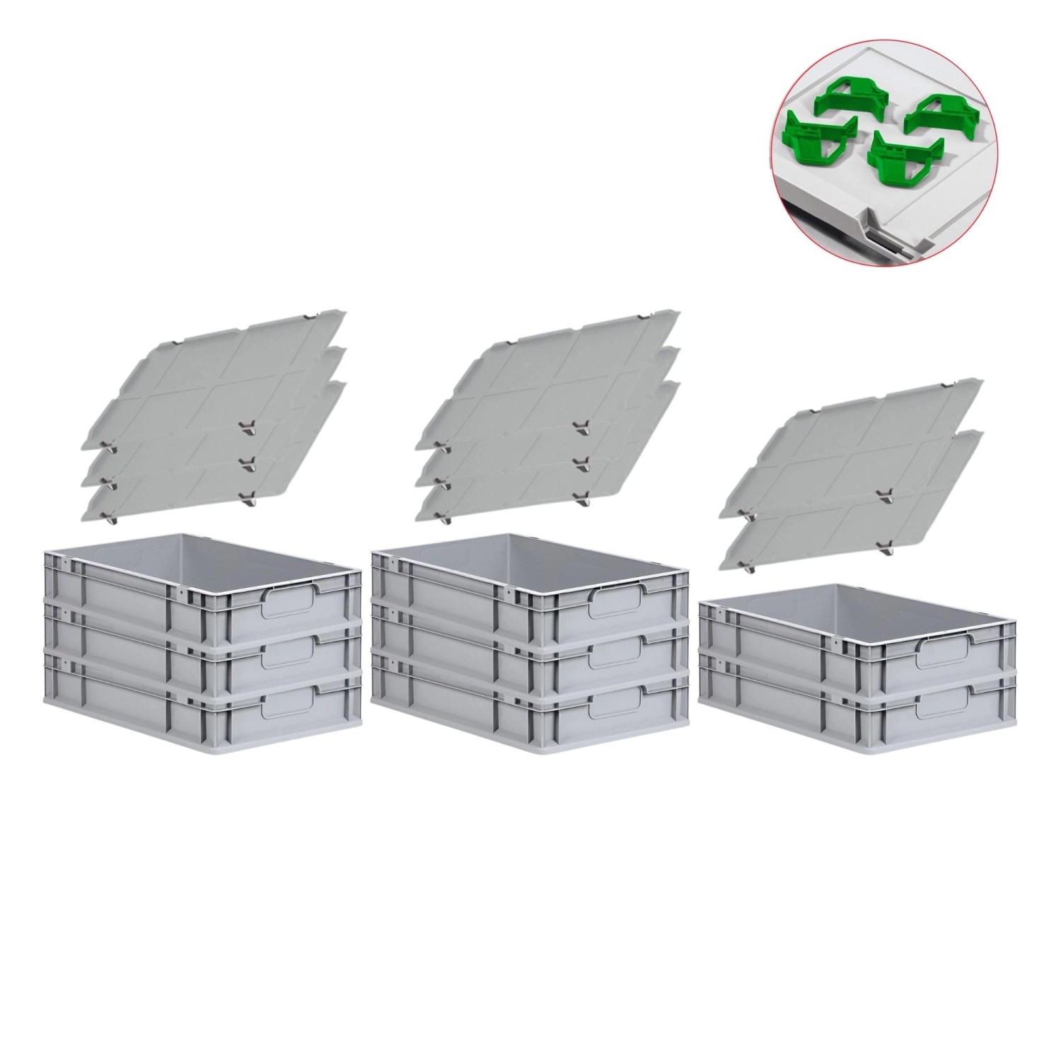 PROREGAL Spar Set 8x Eurobox Nextgen Economy Mit Auflagedeckel & 4x Schiebeschnappverschlüsse Grün Griffe Geschlossen HxBxT 12 x 40 x 60 cm 23 Liter von PROREGAL
