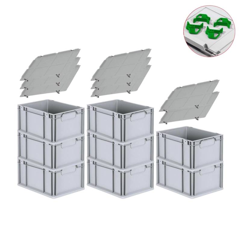 PROREGAL Spar Set 8x Eurobox Nextgen Economy Mit Auflagedeckel & 4x Schiebeschnappverschlüsse Grün Griffe Geschlossen HxBxT 22 x 30 x 40 cm 20 Liter von PROREGAL