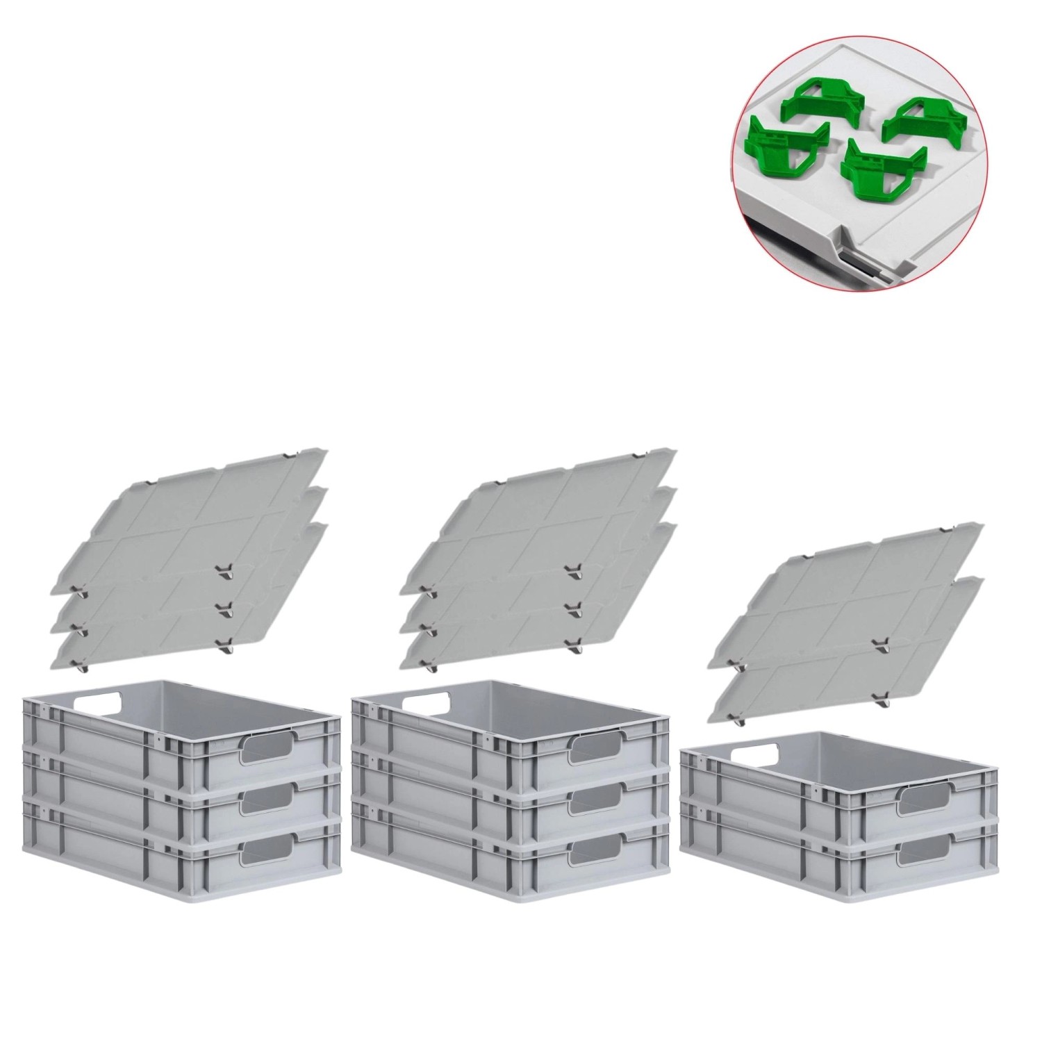 PROREGAL Spar Set 8x Eurobox Nextgen Economy Mit Auflagedeckel & 4x Schiebeschnappverschlüsse Grün Griffe Offen HxBxT 12 x 40 x 60 cm 23 Liter von PROREGAL