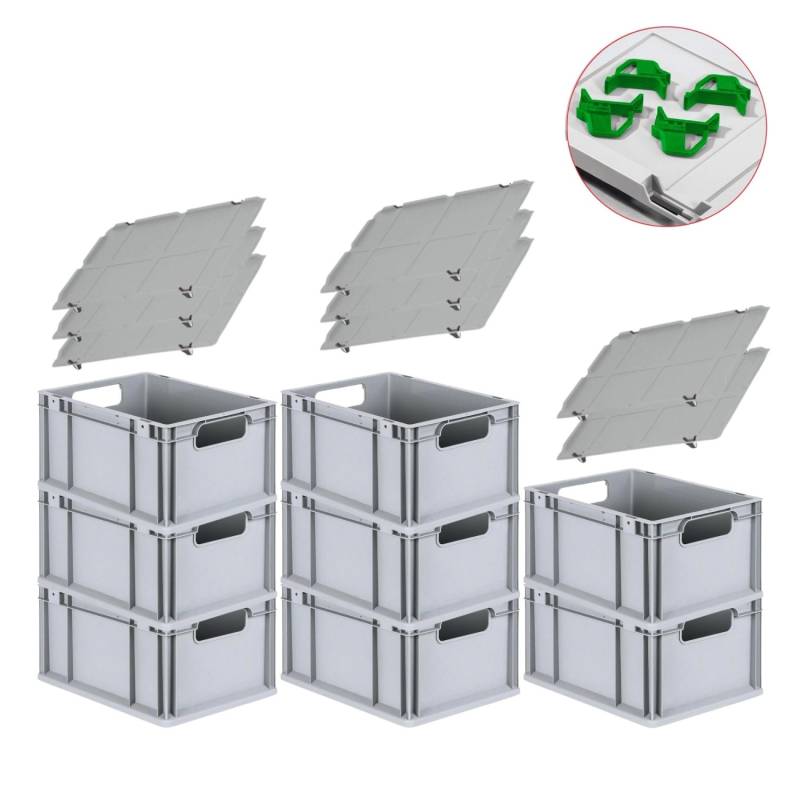 PROREGAL Spar Set 8x Eurobox Nextgen Economy Mit Auflagedeckel & 4x Schiebeschnappverschlüsse Grün Griffe Offen HxBxT 22 x 30 x 40 cm 20 Liter von PROREGAL