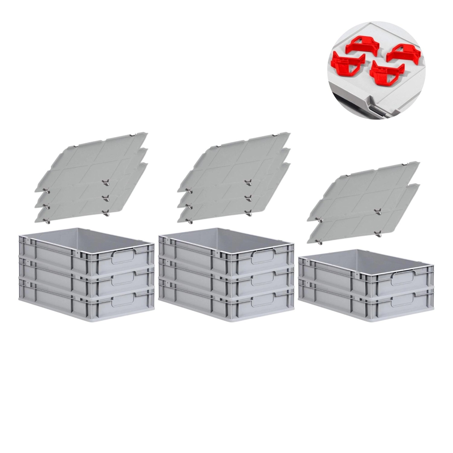 PROREGAL Spar Set 8x Eurobox Nextgen Economy Mit Auflagedeckel & 4x Schiebeschnappverschlüsse Rot Griffe Geschlossen HxBxT 12 x 40 x 60 cm 23 Liter von PROREGAL