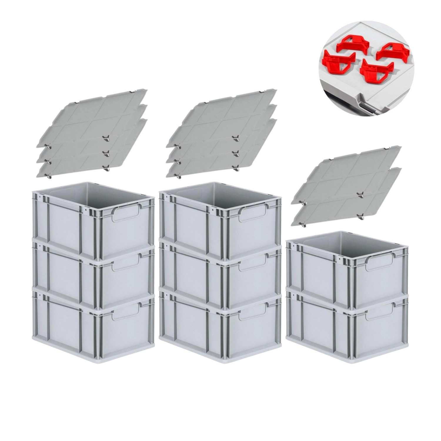PROREGAL Spar Set 8x Eurobox Nextgen Economy Mit Auflagedeckel & 4x Schiebeschnappverschlüsse Rot Griffe Geschlossen HxBxT 22 x 30 x 40 cm 20 Liter von PROREGAL