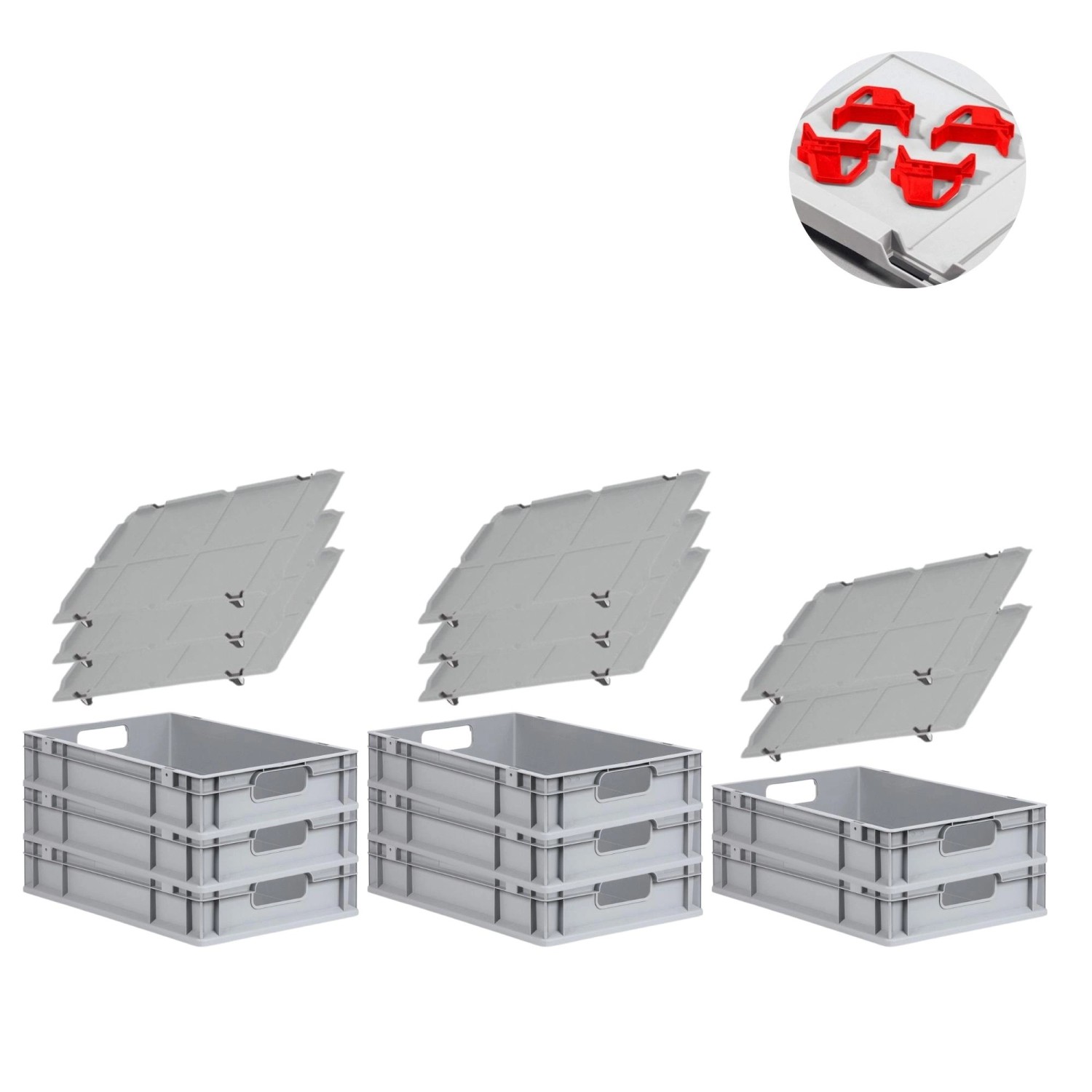 PROREGAL Spar Set 8x Eurobox Nextgen Economy Mit Auflagedeckel & 4x Schiebeschnappverschlüsse Rot Griffe Offen HxBxT 12 x 40 x 60 cm 23 Liter von PROREGAL