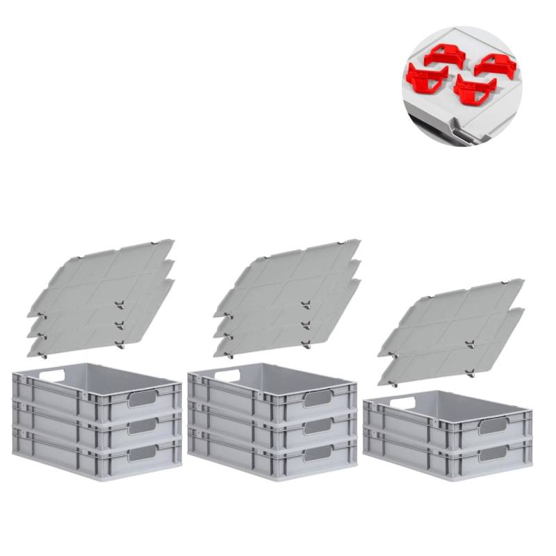 PROREGAL Spar Set 8x Eurobox Nextgen Economy Mit Auflagedeckel & 4x Schiebeschnappverschlüsse Rot Griffe Offen HxBxT 12 x 40 x 60 cm 23 Liter von PROREGAL