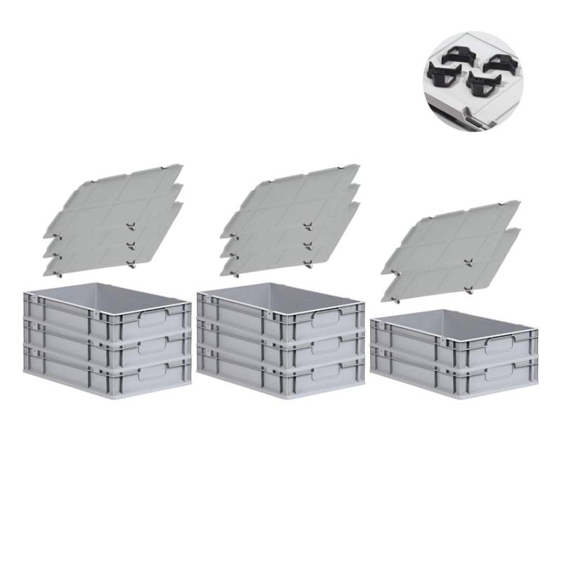 PROREGAL Spar Set 8x Eurobox Nextgen Economy Mit Auflagedeckel & 4x Schiebeschnappverschlüsse Schwarz Griffe Geschlossen HxBxT 12 x 40 x 60 cm von PROREGAL