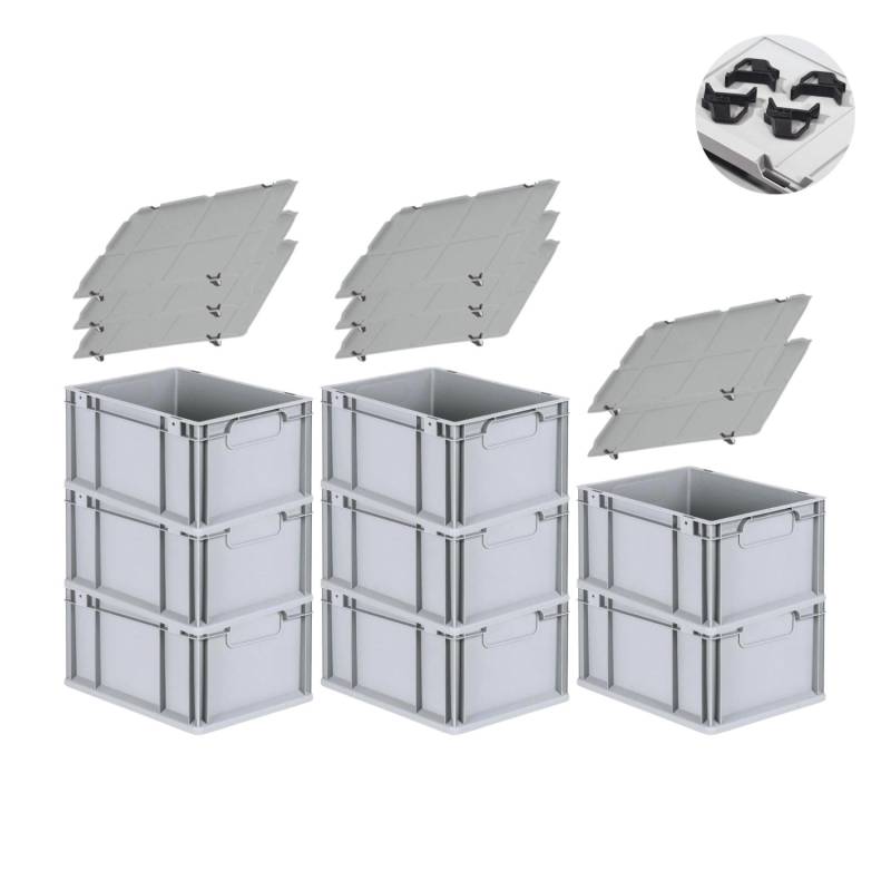 PROREGAL Spar Set 8x Eurobox Nextgen Economy Mit Auflagedeckel & 4x Schiebeschnappverschlüsse Schwarz Griffe Geschlossen HxBxT 22 x 30 x 40 cm von PROREGAL