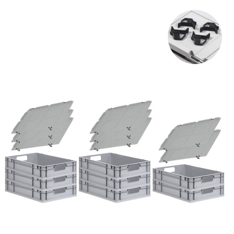 PROREGAL Spar Set 8x Eurobox Nextgen Economy Mit Auflagedeckel & 4x Schiebeschnappverschlüsse Schwarz Griffe Offen HxBxT 12 x 40 x 60 cm 23 Liter von PROREGAL