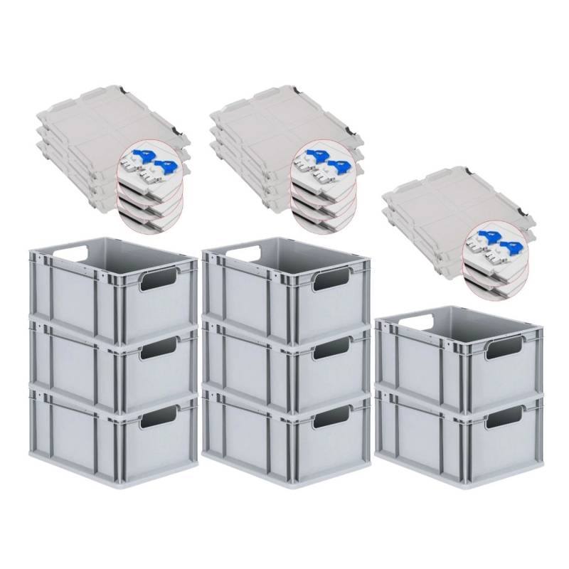 PROREGAL Spar Set 8x Eurobox Nextgen Economy Mit Scharnierdeckel & Blauen Schiebeschnappverschlüssen Griffe Offen HxBxT 22 x 30 x 40 cm 20 Liter von PROREGAL