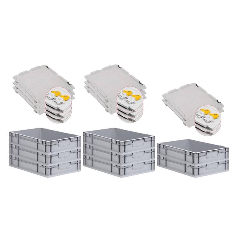 PROREGAL Spar Set 8x Eurobox Nextgen Economy Mit Scharnierdeckel & Gelben Schiebeschnappverschlüsse Griffe Geschlossen HxBxT 12 x 40 x 60 cm 23 Liter von PROREGAL