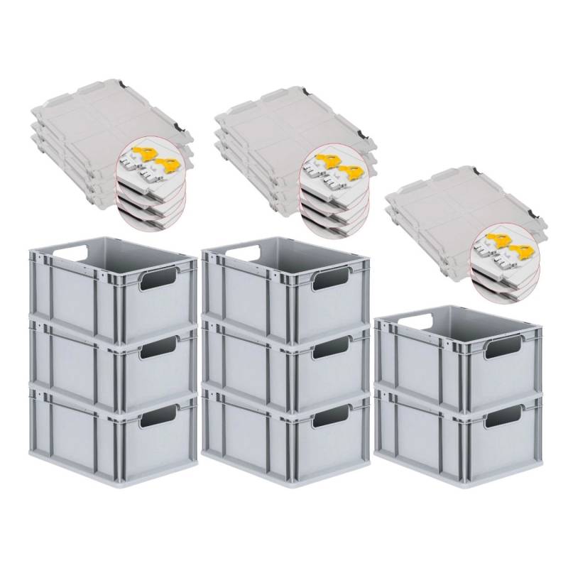 PROREGAL Spar Set 8x Eurobox Nextgen Economy Mit Scharnierdeckel & Gelben Schiebeschnappverschlüssen Griffe Offen HxBxT 22 x 30 x 40 cm 20 Liter von PROREGAL