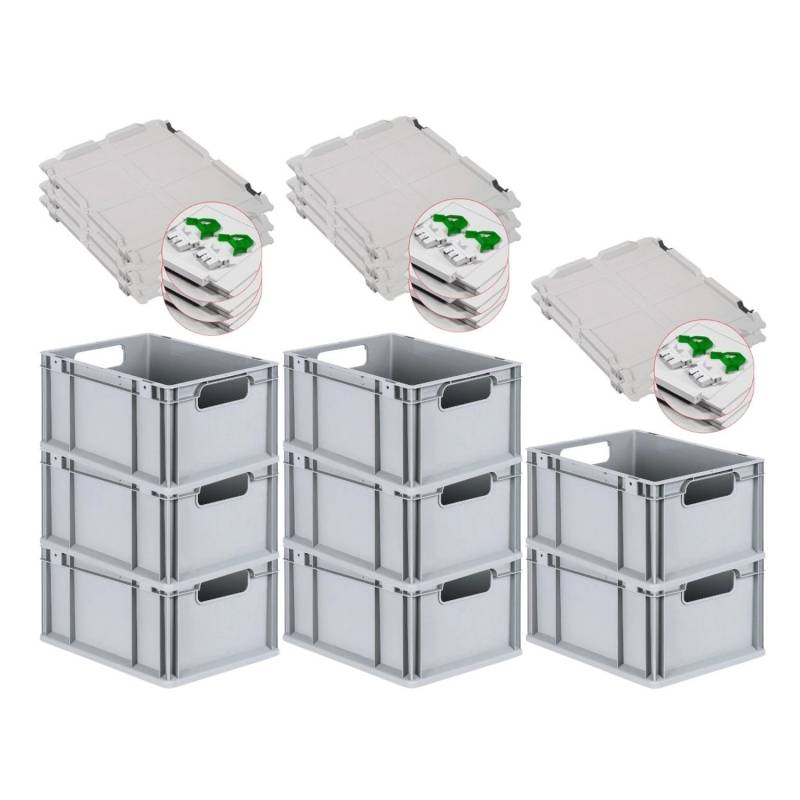 PROREGAL Spar Set 8x Eurobox Nextgen Economy Mit Scharnierdeckel & Grünen Schiebeschnappverschlüssen Griffe Offen HxBxT 22 x 30 x 40 cm 20 Liter von PROREGAL