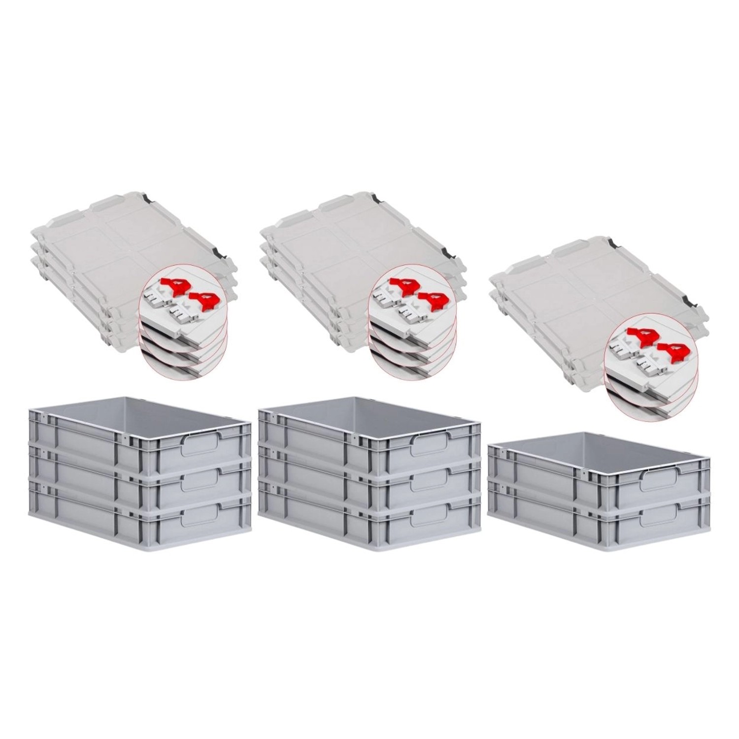 PROREGAL Spar Set 8x Eurobox Nextgen Economy Mit Scharnierdeckel & Roten Schiebeschnappverschlüssen Griffe Geschlossen HxBxT 12 x 40 x 60 cm 23 Liter von PROREGAL