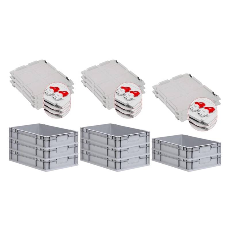 PROREGAL Spar Set 8x Eurobox Nextgen Economy Mit Scharnierdeckel & Roten Schiebeschnappverschlüssen Griffe Geschlossen HxBxT 12 x 40 x 60 cm 23 Liter von PROREGAL