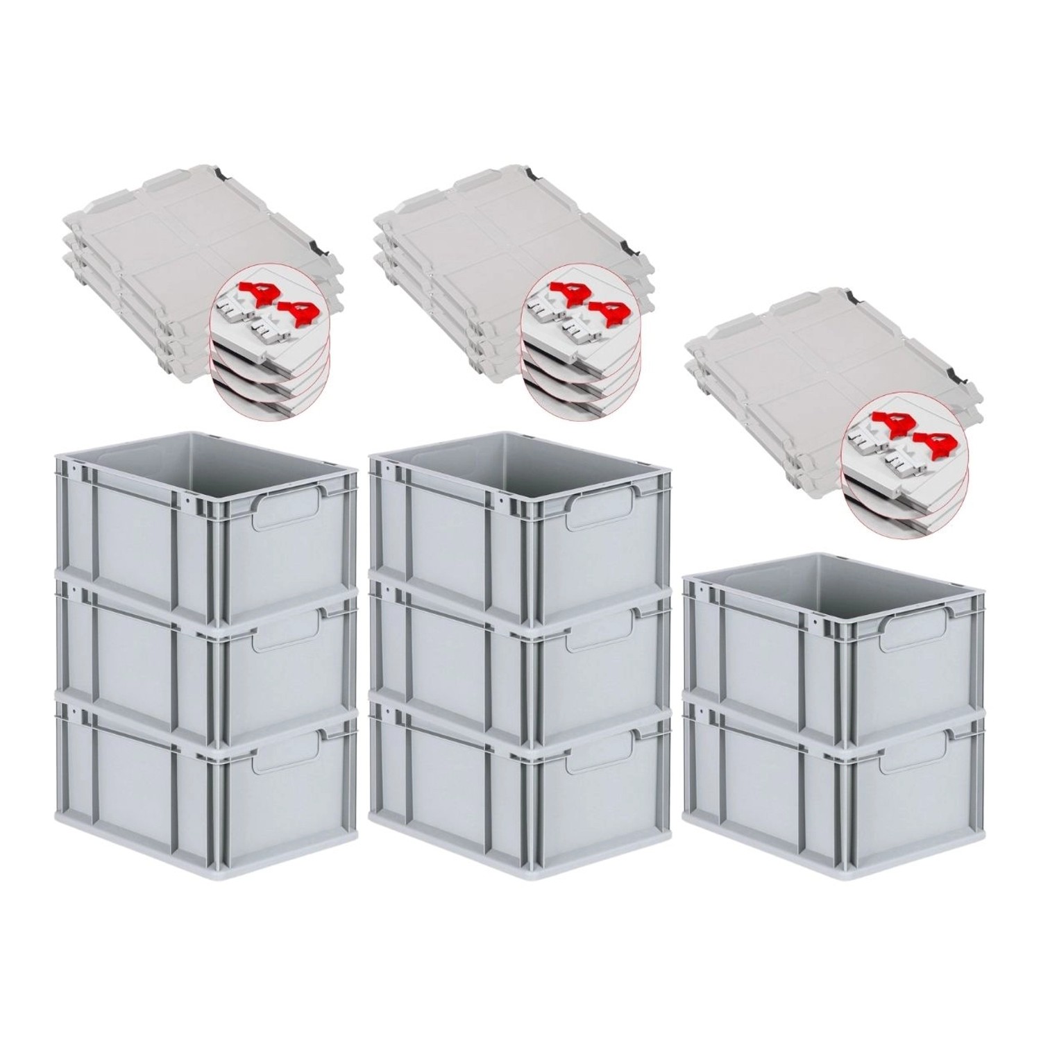 PROREGAL Spar Set 8x Eurobox Nextgen Economy Mit Scharnierdeckel & Roten Schiebeschnappverschlüssen Griffe Geschlossen HxBxT 22 x 30 x 40 cm 20 Liter von PROREGAL