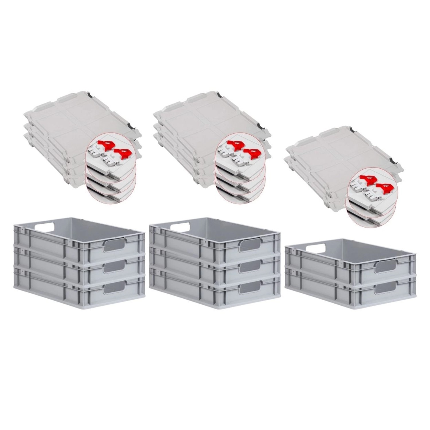 PROREGAL Spar Set 8x Eurobox Nextgen Economy Mit Scharnierdeckel & Roten Schiebeschnappverschlüssen Griffe Offen HxBxT 12 x 40 x 60 cm 23 Liter von PROREGAL