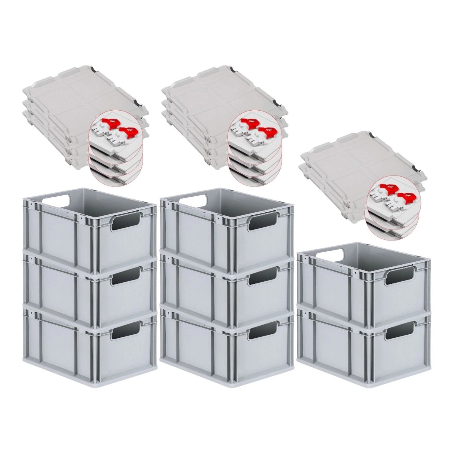 PROREGAL Spar Set 8x Eurobox Nextgen Economy Mit Scharnierdeckel & Roten Schiebeschnappverschlüssen Griffe Offen HxBxT 22 x 30 x 40 cm 20 Liter von PROREGAL