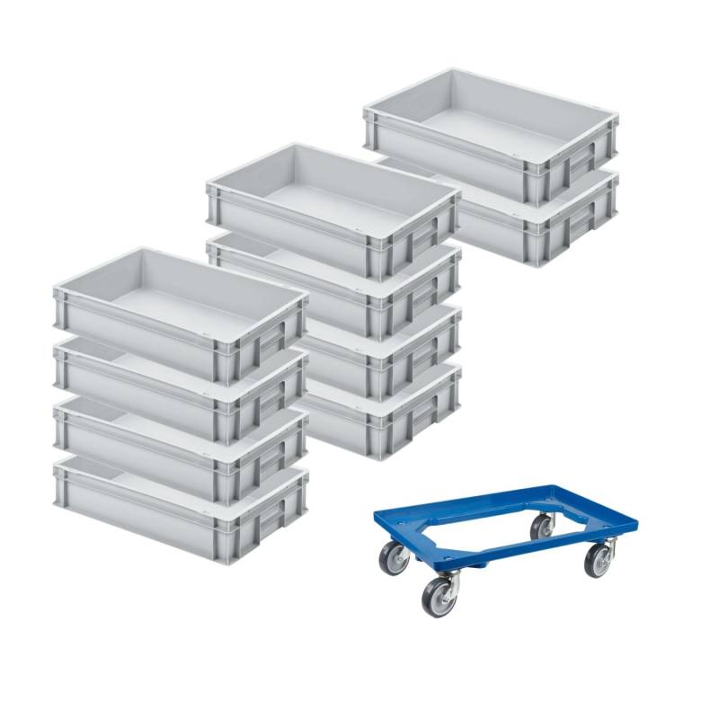 PROREGAL SparSet 10x Eurobehälter mit Geschlossenem Griff und 1 x Transportroller Blau HxBxT 12 x 40 x 60 cm 21 Liter Eurobox Transportbox von PROREGAL