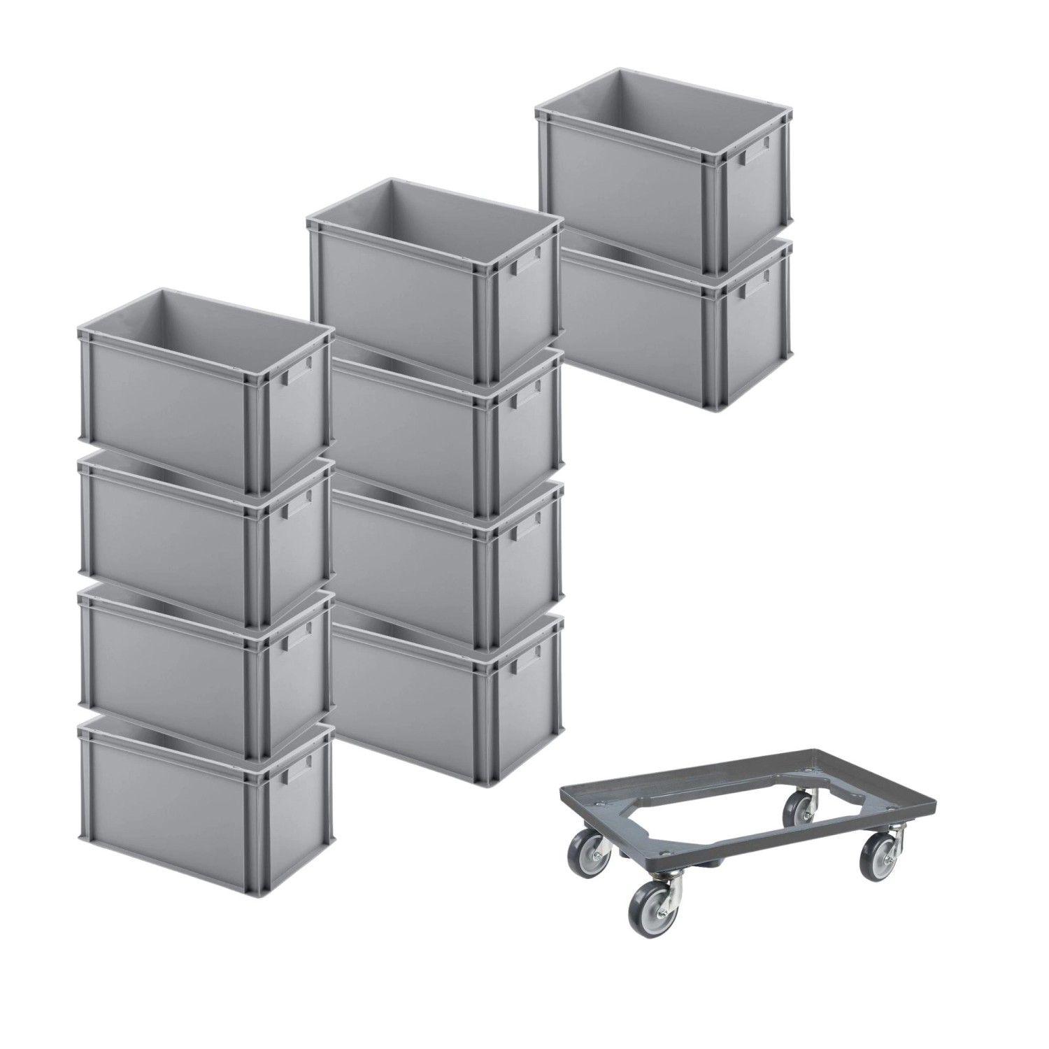 PROREGAL SparSet 10x Eurobehälter mit Geschlossenem Griff und 1 x Transportroller Grau HxBxT 32 x 40 x 60 cm 56 Liter Eurobox Transportbox von PROREGAL