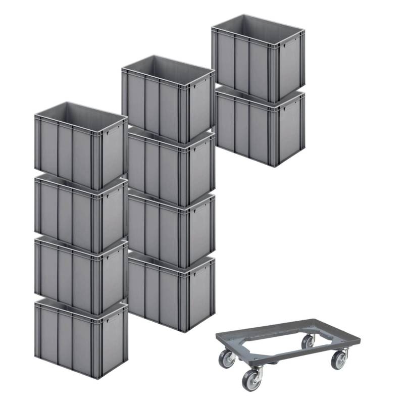PROREGAL SparSet 10x Eurobehälter mit Geschlossenem Griff und 1 x Transportroller Grau HxBxT 42 x 40 x 60 cm 70 Liter Eurobox Transportbox von PROREGAL