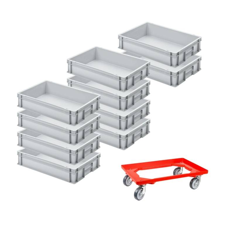 PROREGAL SparSet 10x Eurobehälter mit Geschlossenem Griff und 1 x Transportroller Rot HxBxT 12 x 40 x 60 cm 21 Liter Eurobox Transportbox von PROREGAL