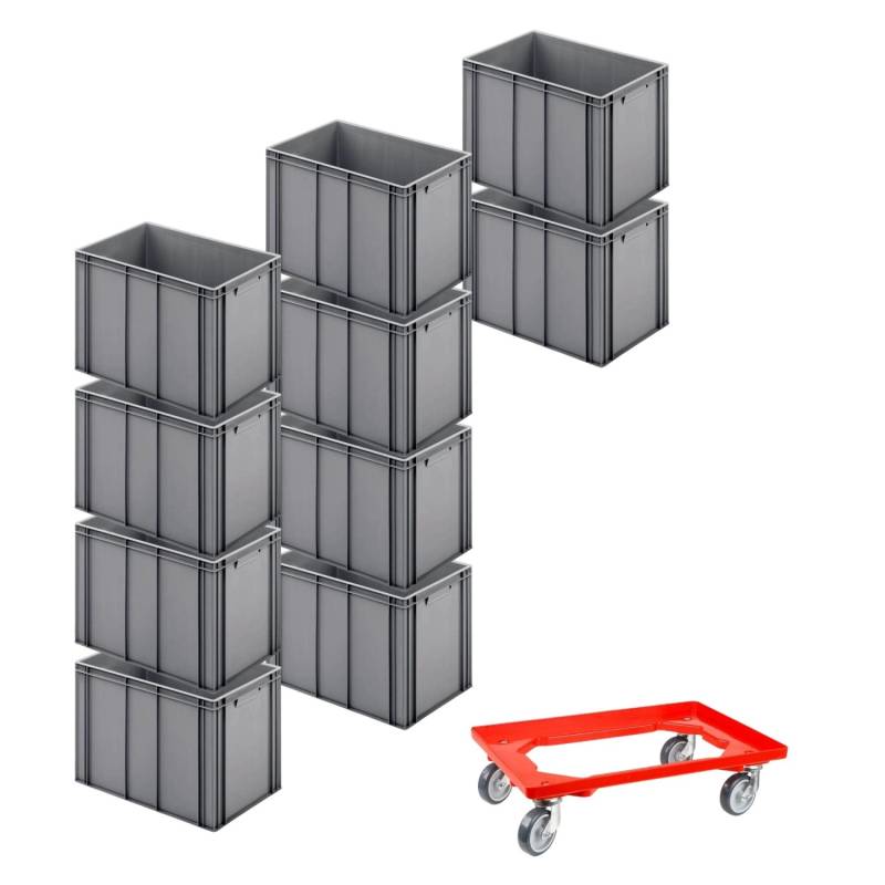 PROREGAL SparSet 10x Eurobehälter mit Geschlossenem Griff und 1 x Transportroller Rot HxBxT 42 x 40 x 60 cm 70 Liter Eurobox Transportbox von PROREGAL