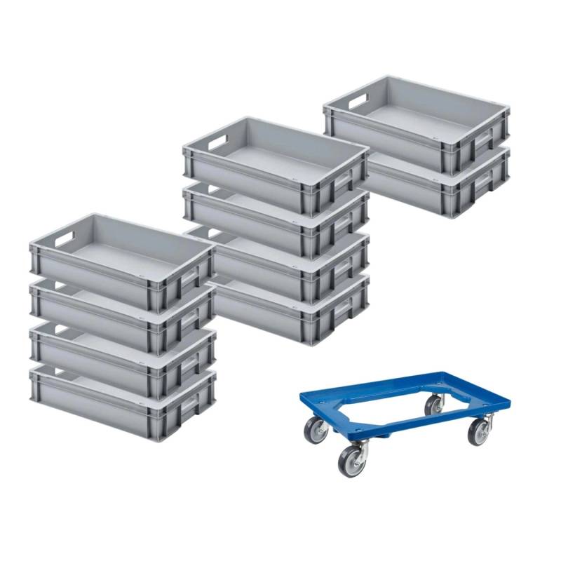 PROREGAL SparSet 10x Eurobehälter mit Offenem Griff und 1 x Transportroller Blau HxBxT 12 x 40 x 60 cm 21 Liter Eurobox Transportbox von PROREGAL
