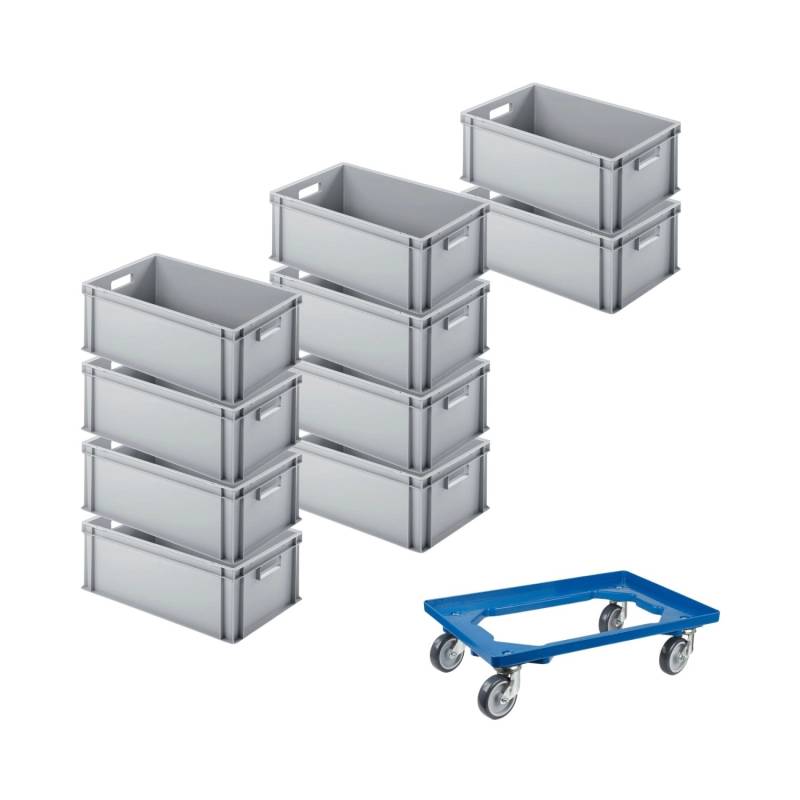 PROREGAL SparSet 10x Eurobehälter mit Offenem Griff und 1 x Transportroller Blau HxBxT 22 x 40 x 60 cm 38 Liter Eurobox Transportbox von PROREGAL