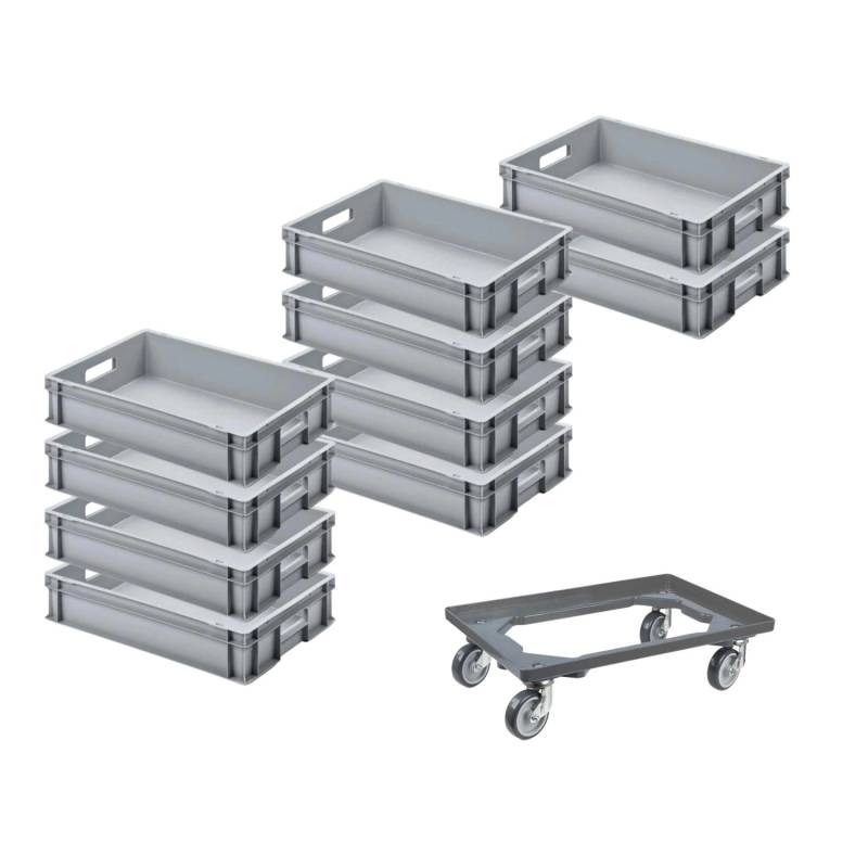 PROREGAL SparSet 10x Eurobehälter mit Offenem Griff und 1 x Transportroller Grau HxBxT 12 x 40 x 60 cm 21 Liter Eurobox Transportbox von PROREGAL