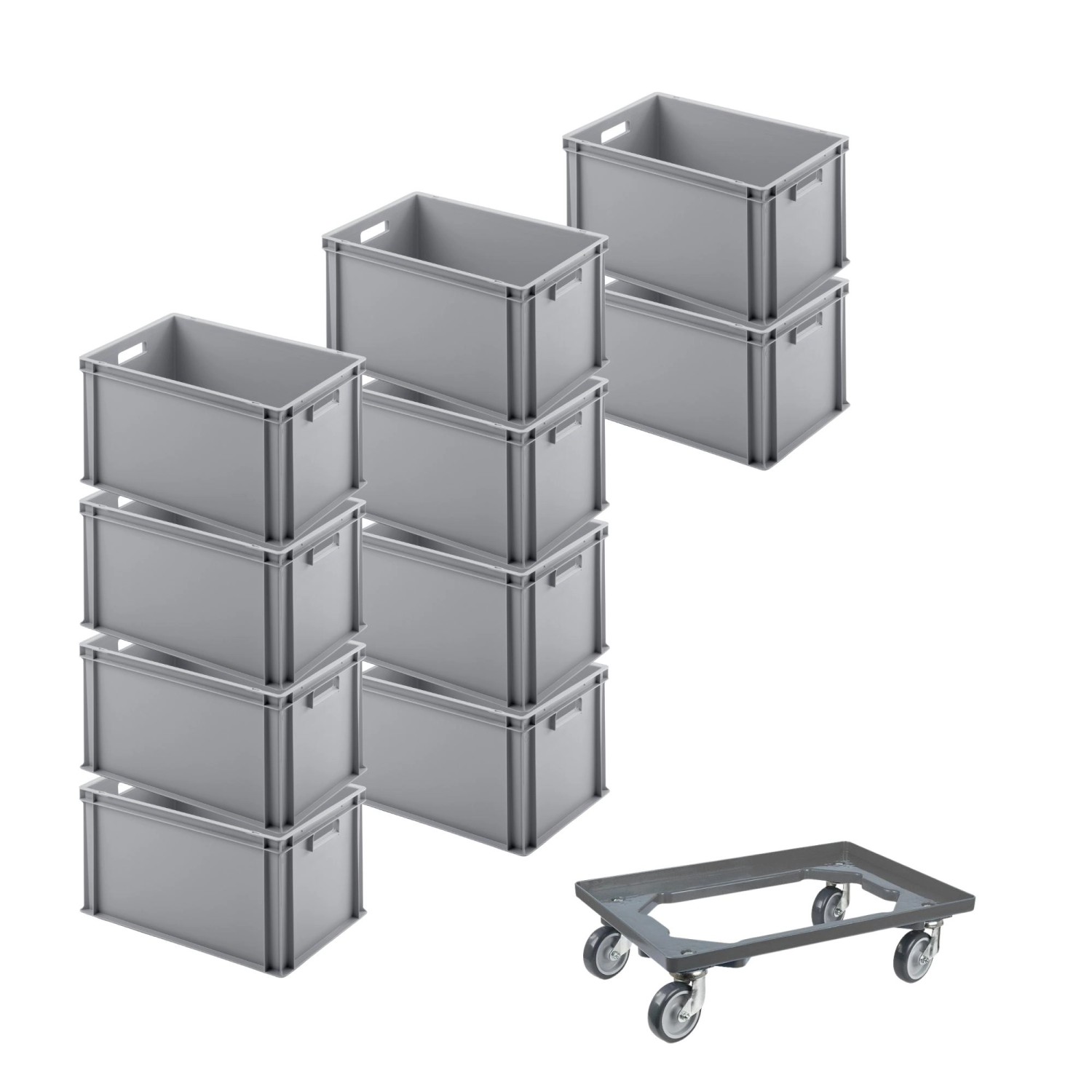 PROREGAL SparSet 10x Eurobehälter mit Offenem Griff und 1 x Transportroller Grau HxBxT 32 x 40 x 60 cm 56 Liter Eurobox Transportbox von PROREGAL