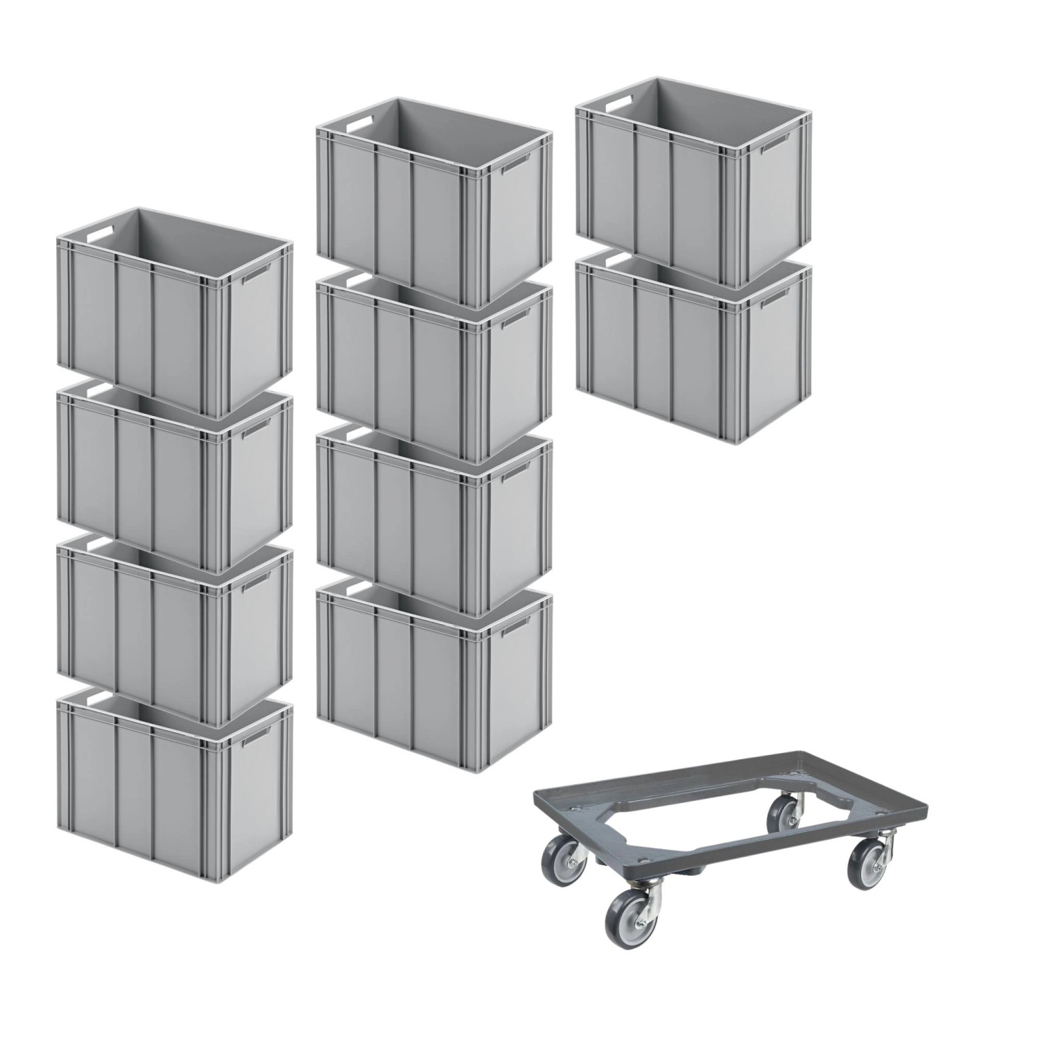 PROREGAL SparSet 10x Eurobehälter mit Offenem Griff und 1 x Transportroller Grau HxBxT 42 x 40 x 60 cm 70 Liter Eurobox Transportbox von PROREGAL